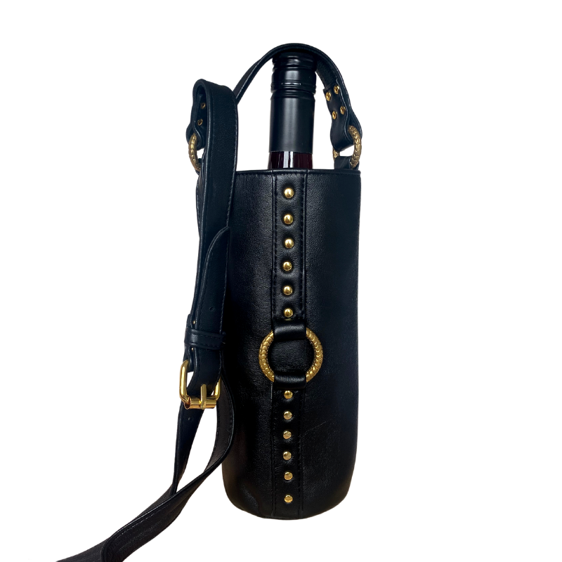 hand made genuine leather wine bottle bag in black with gold hardware 