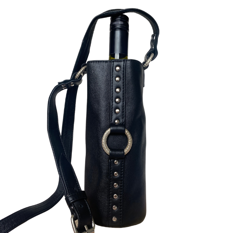 wine bottle holder made from genuine leather and silver hardware 