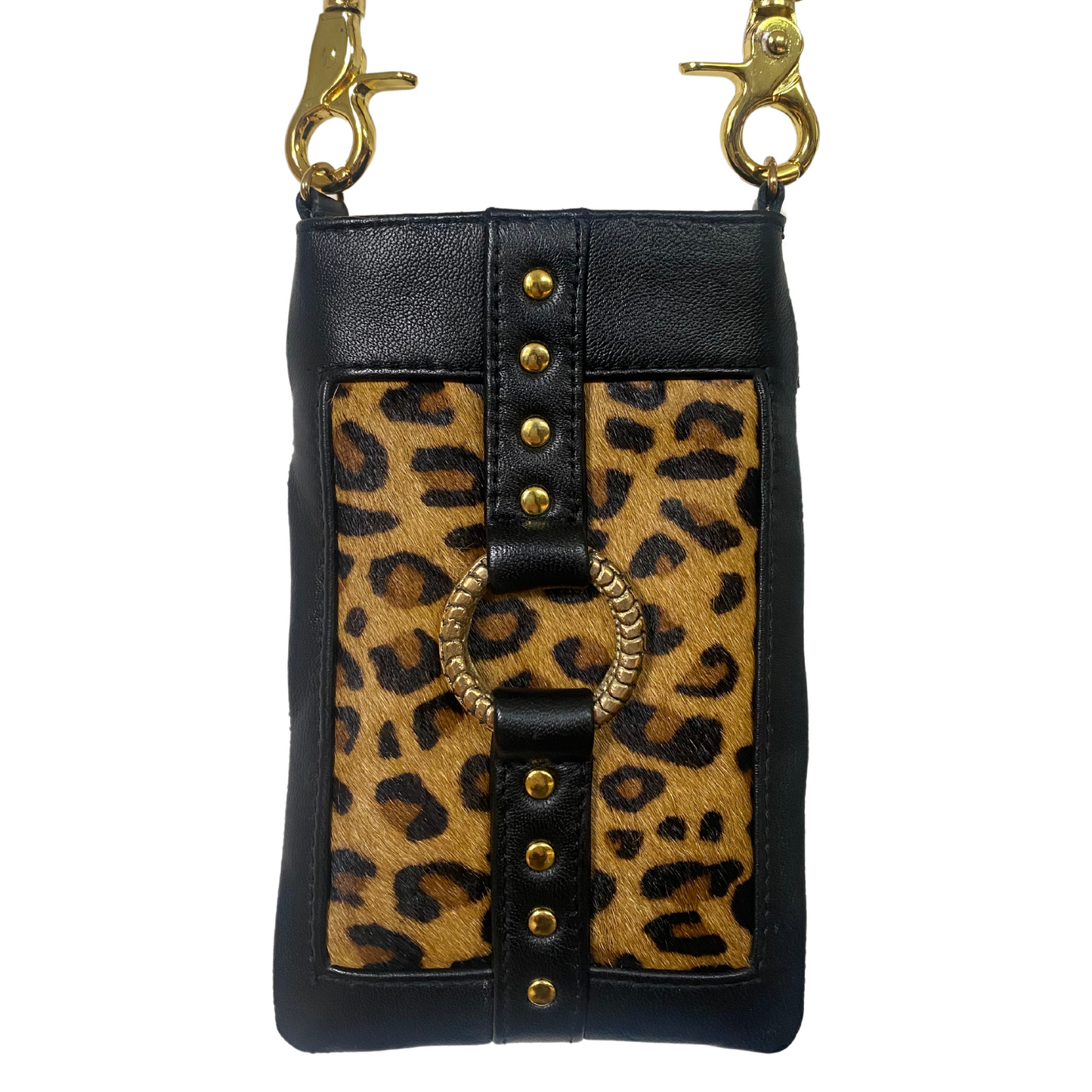 black leather and leopard print mobile phone holster crossbody carry bag for keeping your phone by your side. 