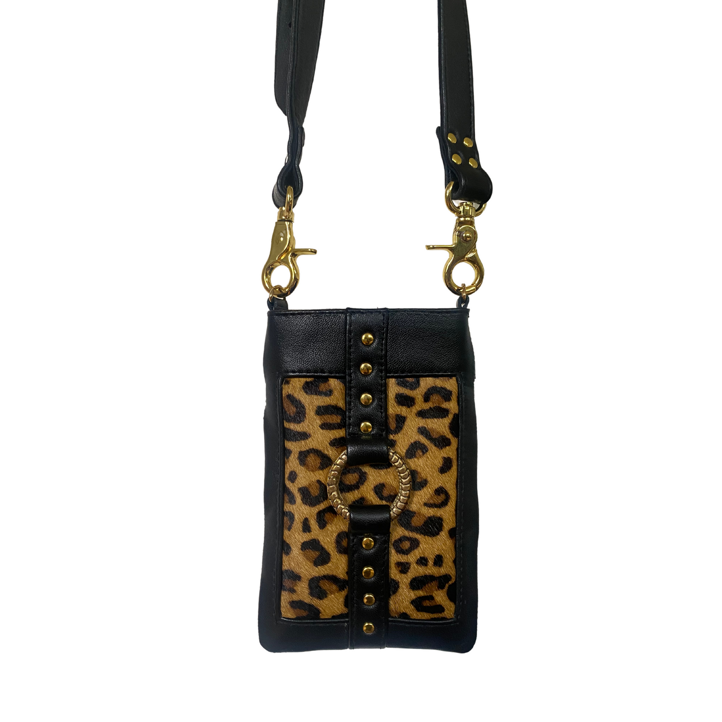black leather phone holder bag with leopard print cow hide on the front and gold hardware, perfect for iPhone, Australia designer crossbody phone bag. 