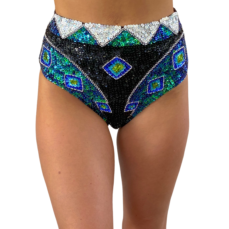 Handmade silver, green and black sequin shorts. Perfect festival clothing and rave wear for women, high waist and flattering fit. 