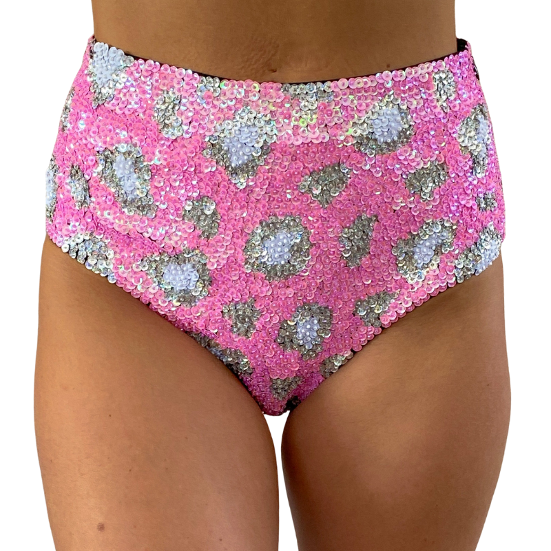 Absolute gorgeous handmade pink leopard print high waist shorts with hand sewn sequins.  Fit beautifully and wonderfully flattering. These sequin shorts are perfect for your festival outfit, rave wear, party wear or dress up costume. 