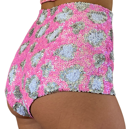 Pink and silver sequin booty hot pants for women with beads. Perfect festival outfit or rave wear. Perfect for festival wear and glamorous parties!