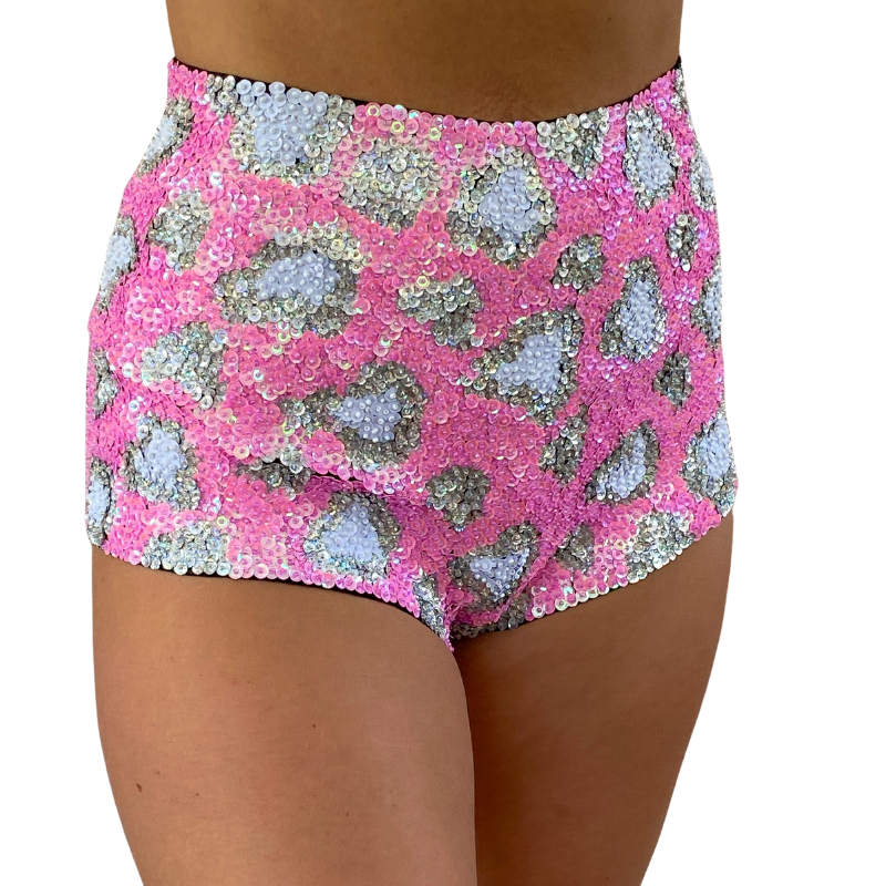 Sequin Shorts sexy take you to paradise! Reach the highest level in these sparkly and iridescent pink sequin booty shorts that have pink leopard print design and a high waist fit.