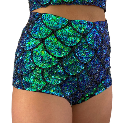 Mermaid Green Scales High Waisted Hot Pants, Booty Shorts, Bikini Bottom, club or rave wear, festival outfit, festival shorts, sequin booty shorts with high waist and mermaid design. 