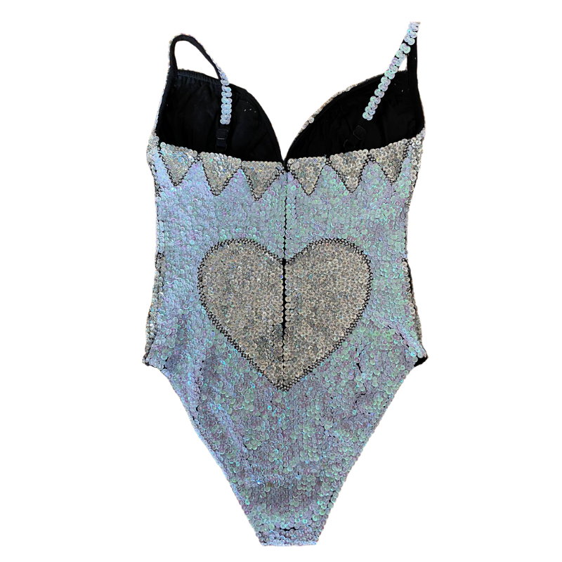 White and silver sequin one piece with love hearts, sequin swimsuit, festival costume, rave wear. 