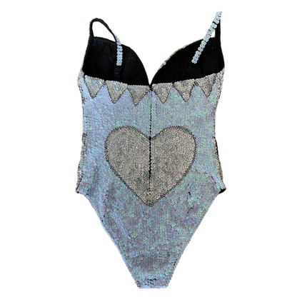 White and silver sequin bodysuit with love heart design, handmade for chic bridal theme hens party outfits and festivals. Ideal for Taylor Swift concerts, disco hen party, Henchella, and festival theme bachelorette parties. Eye-catching, sparkly hens outfit and fashionable.