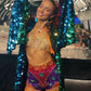 festival fashion, burning man fashion, burner girl, rainbow sequin hot pants and festival shorts bottoms for festival outfit, rainbow festival look, dance party wear, rave wear at our festival fashion website. 