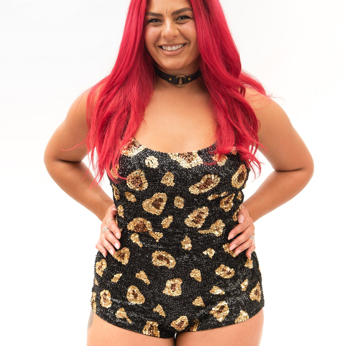 matching set festival outfit for women in our unique black and gold sequin leopard print design 