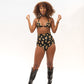 festival outfit matching set of black leopard print sequin triangle crop top and hot pants shorts 