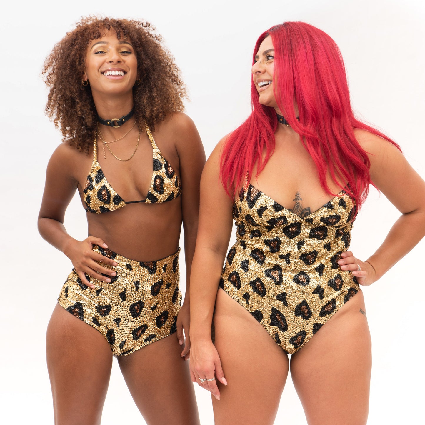 matching festival sets and bodysuit in gold leopard print design for festival outfit and burning man fashion  
