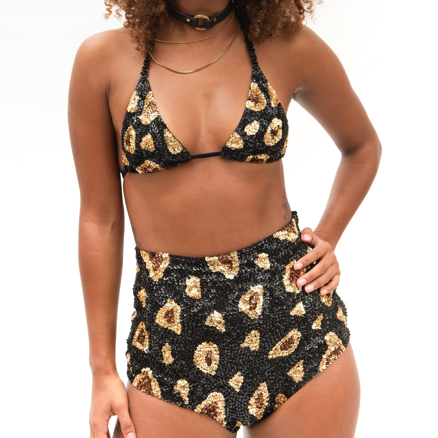 matching women's festival sets in black sequin leopard print design 