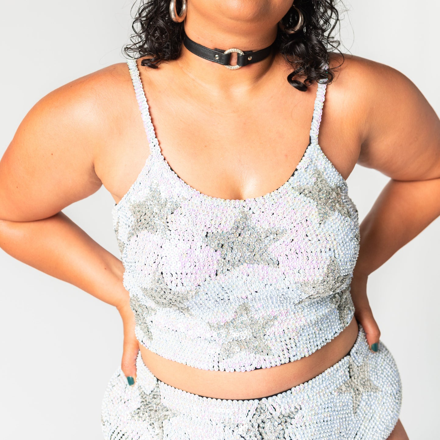 white sequin and silver star festival crop top to match with festival hot pants for rave wear.