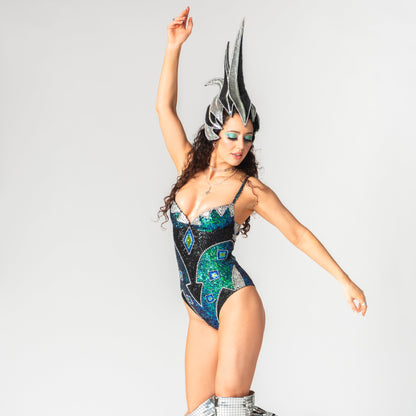 performance costume made from green, black, silver and blue sequins