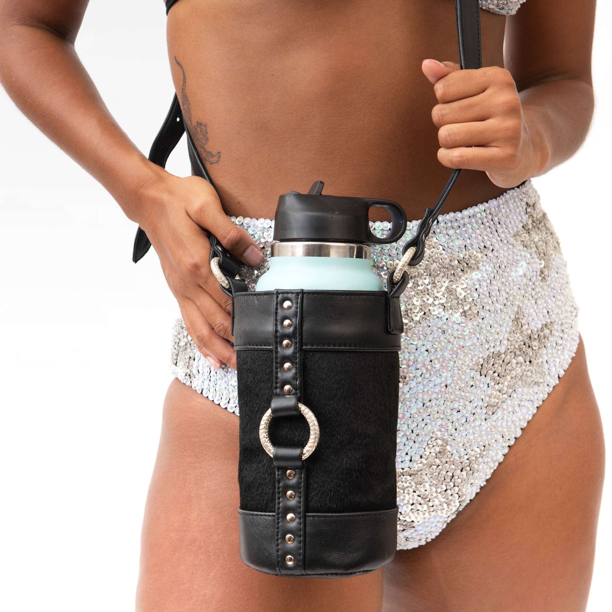 black and silver cross body water bottle bag for festival and hiking 