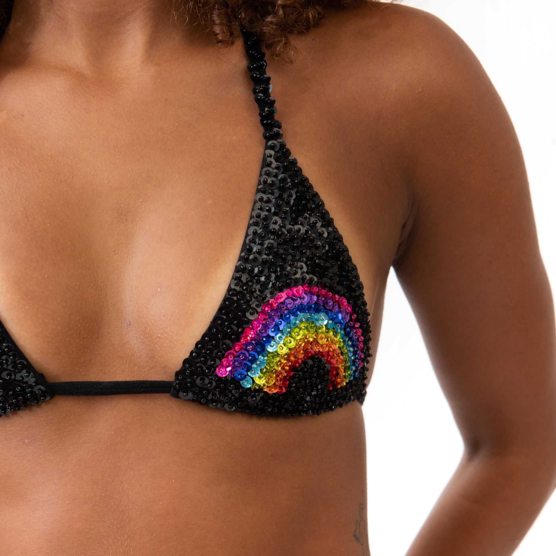 rainbow bikini triangle crop top for festival outfit to pair with matching hot pants 