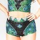 High waist sequin hot pants with green, black and silver sequins for festival and rave outfit, showing front design.