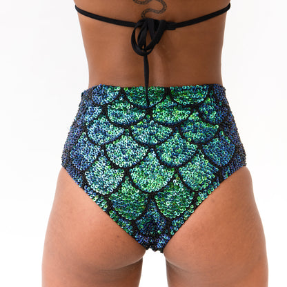 Mystic mermaid sequin hot pants, green sequin high waist hot pants, festival fashion, festival girl, festival outfit for burning man festival, rave wear, festival outfit, mermaid pattern, mermaid costume.