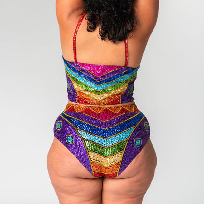 Back of our high waist festival hot pants with a rainbow on the bottom for festival outfits and gay pride costume. 