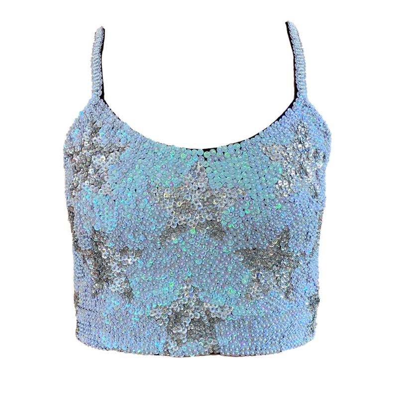 Handmade white and silver sequin crop top with star design. Perfect for festival outfits, bridal party looks, hen do outfits, and Henchella. Chic, sparkly hens top for standout festival fashion.