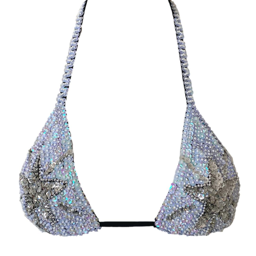 Handmade sequin bikini top in white and silver with star design. Perfect for Taylor Swift Eras Tour outfit ideas, festival fashion, bridal party looks, and hen do outfits. Chic, sparkly top for standout fashion
