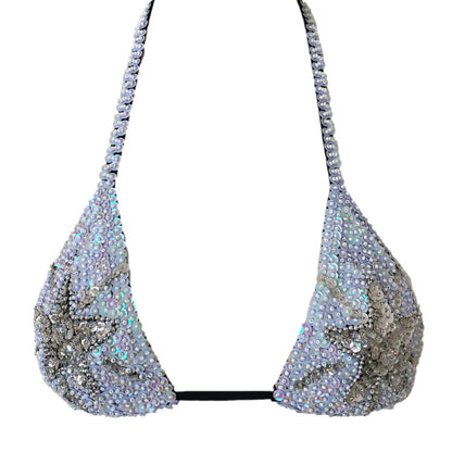 Handmade sequin bikini top in white and silver with star design. Perfect for Taylor Swift Eras Tour outfit ideas, festival fashion, bridal party looks, and hen do outfits. Chic, sparkly top for standout fashion